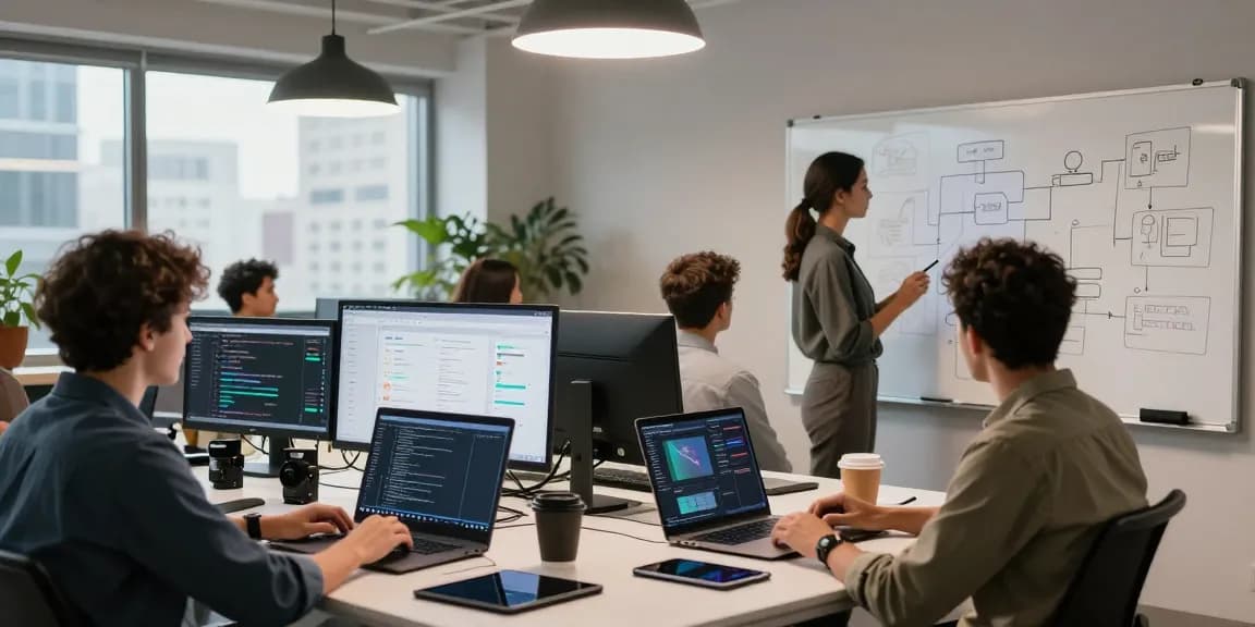 Build internal tools with AI in a collaborative tech workspace, showcasing team dynamics and innovative development.