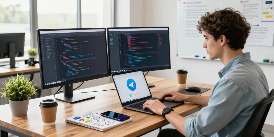 Download Telegram app in a modern tech workspace with dual monitors and coding.