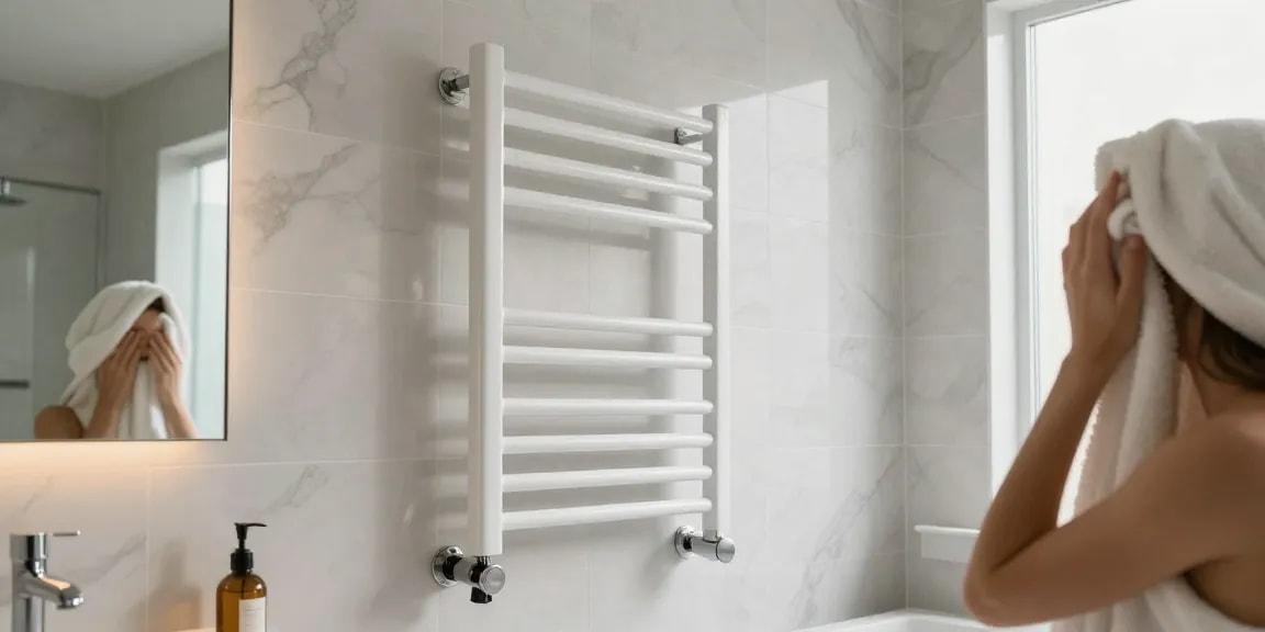 Geniet van luxe badkamer verwarming met stijlvolle handdoekradiator en warme ambiance.