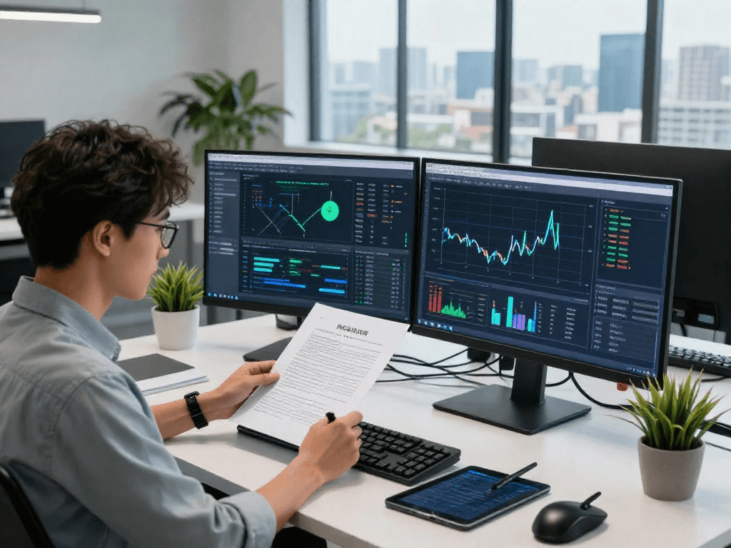 Analyst conducting document fraud detection using advanced AI tools in a modern office.