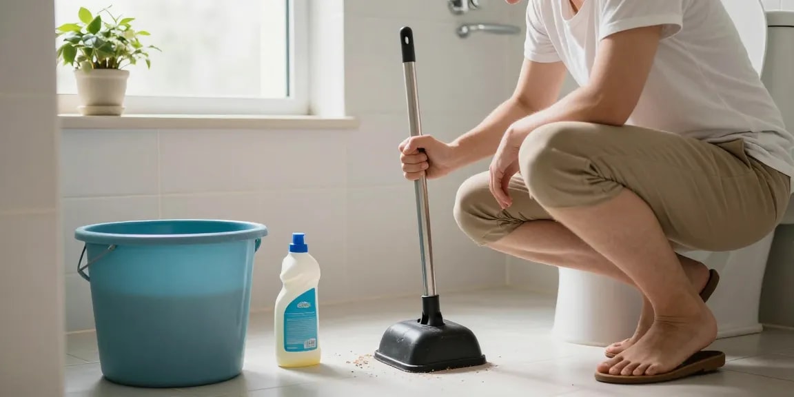 Verstopte wc oplossen met een plunjer in moderne badkamer.