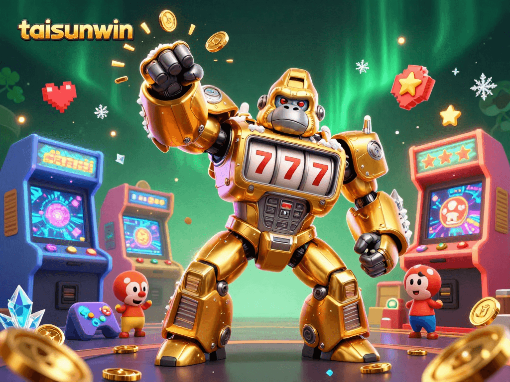Taisunwin showcases a golden gorilla mech with slot machine parts surrounded by vibrant casino elements.