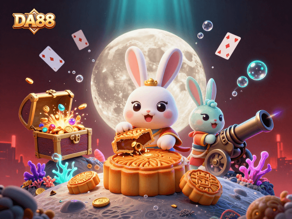 Join DA88 and explore immersive gaming with the moon rabbit pounding golden mooncakes revealing poker chips.