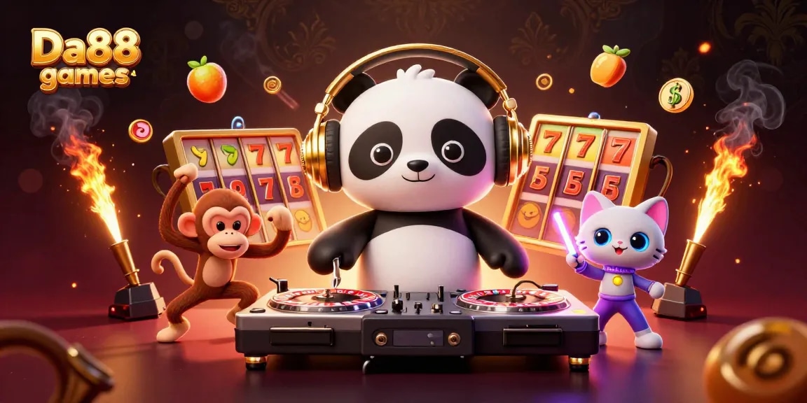 Experience the excitement of Da88 games with a lively DJ panda and casino elements illuminating the scene.