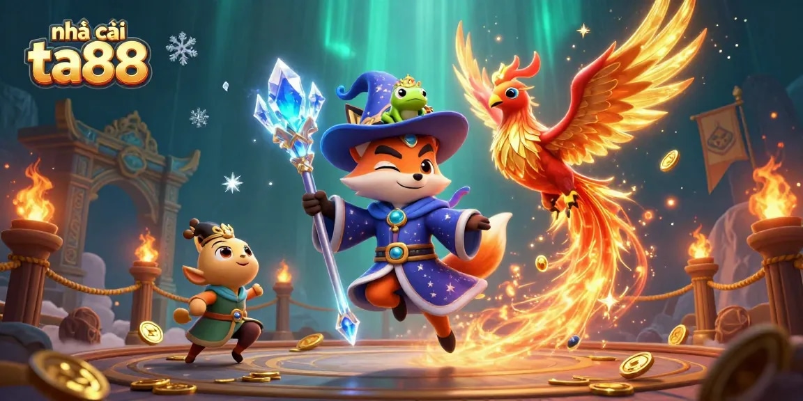 Engage with nhà cái ta88 featuring a mystical fox wizard and phoenix in a dynamic casino scene.