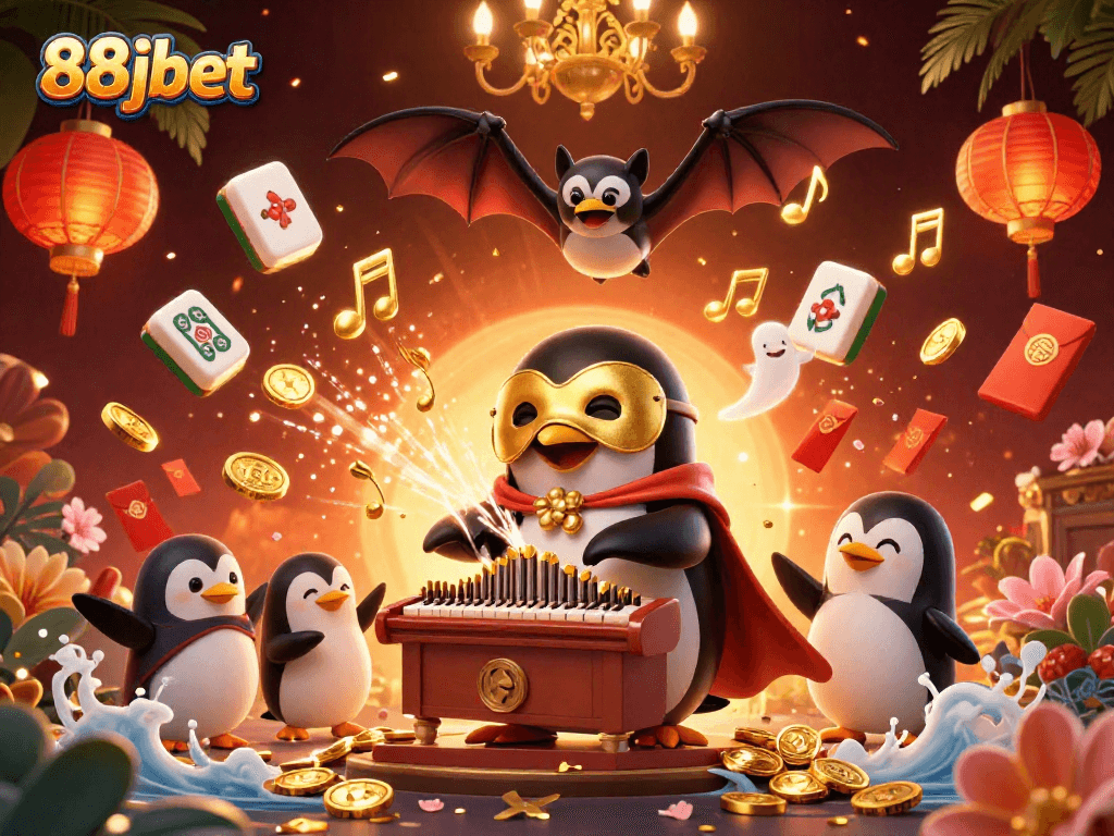 Enjoy exciting gaming experiences at 88jbet, featuring dynamic visuals of a penguin and golden ornaments.