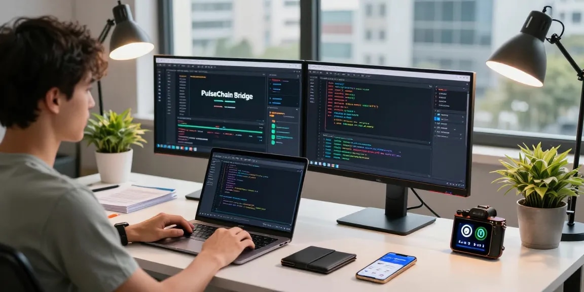 Efficient PulseChain Bridge interactions at a developer's workspace showcasing cryptocurrency technology.