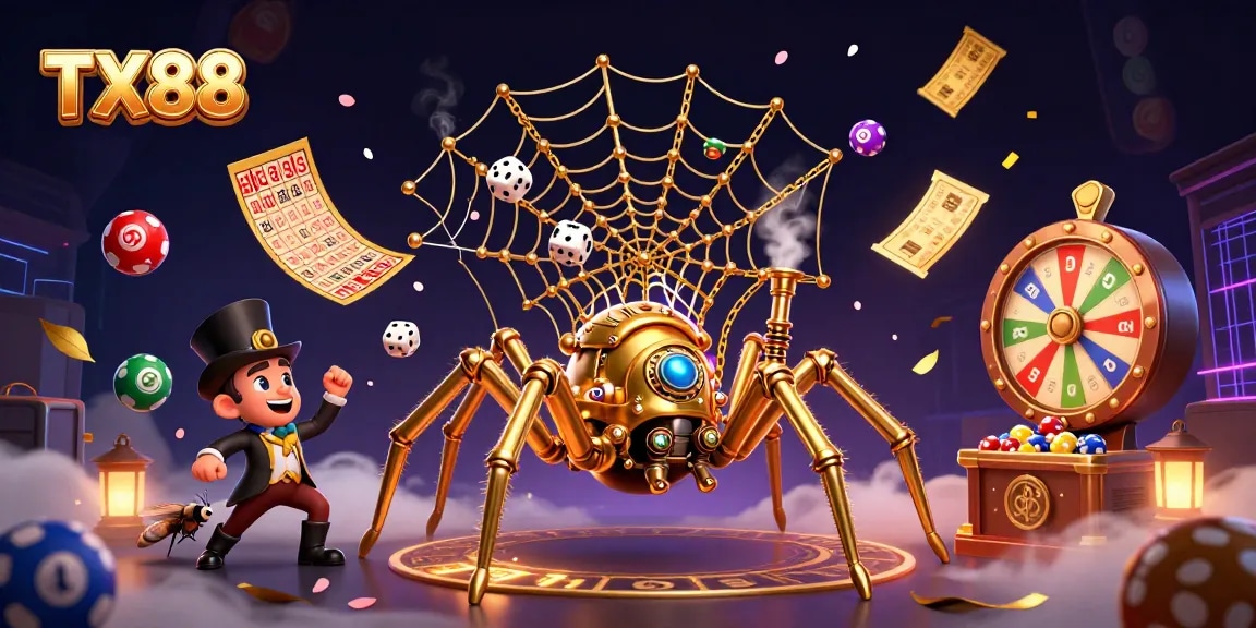 Engage with TX88 gaming excitement as a steampunk spider weaves luck in a vibrant casino scene.