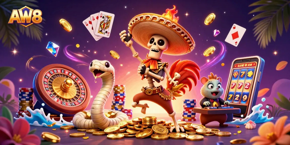 AW8 showcases a vibrant 3D casino scene with unique characters celebrating on golden coins.