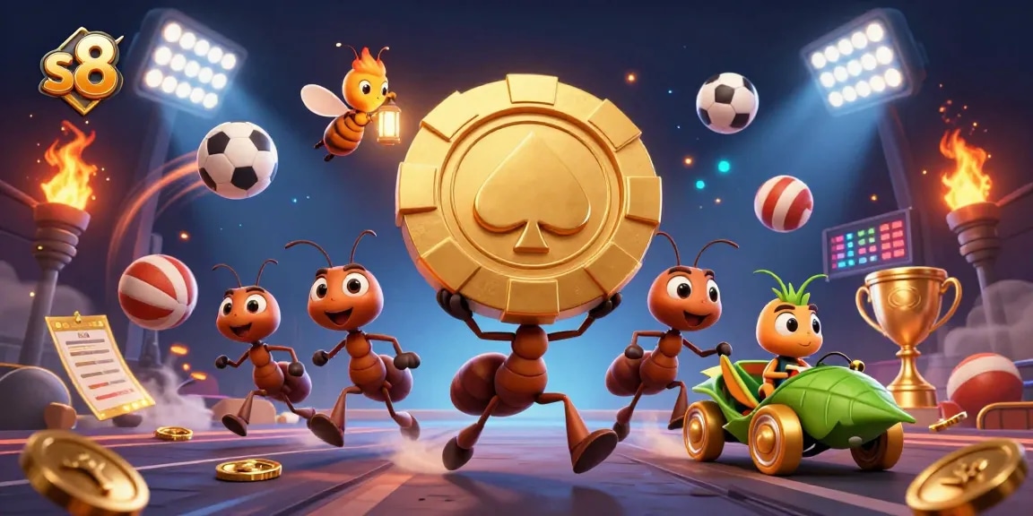 S8 casino ants running a heist with a golden poker chip, capturing the thrill of gambling.