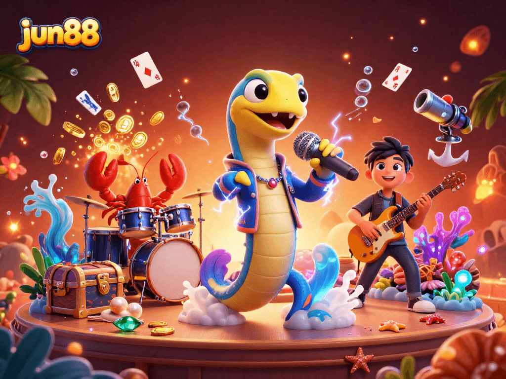 Experience the dynamic energy of the jun88 underwater casino with a DJ eel and vibrant sea creatures.