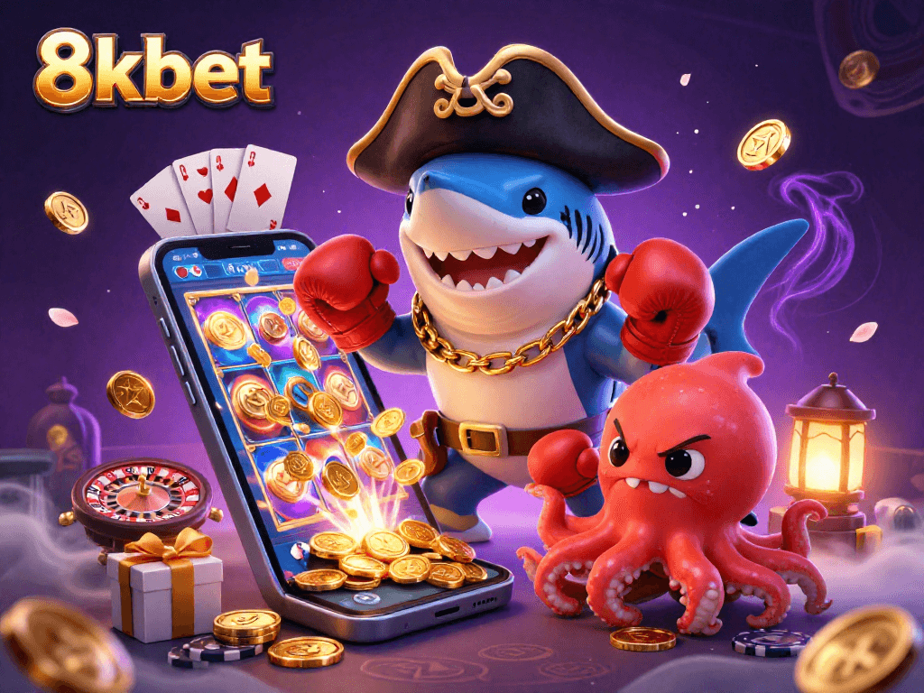 Engage in thrilling gaming adventures at 8kbet, featuring a pirate shark, boxing pufferfish, and octopus with treasures.