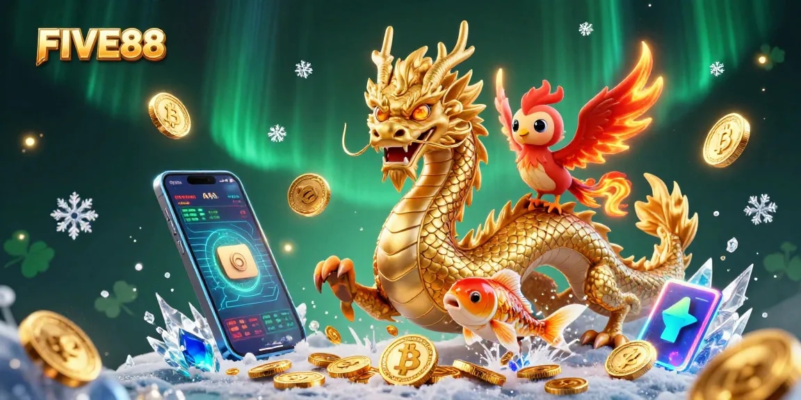 Engage in exciting gameplay with FIVE88, featuring a vibrant scene of a dragon, phoenix, and koi fish!