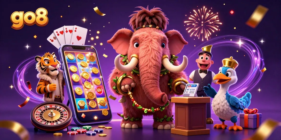 Experience the thrill of go8 gaming with a vibrant cartoon illustration of a casino scene, complete with characters and dynamic game elements.