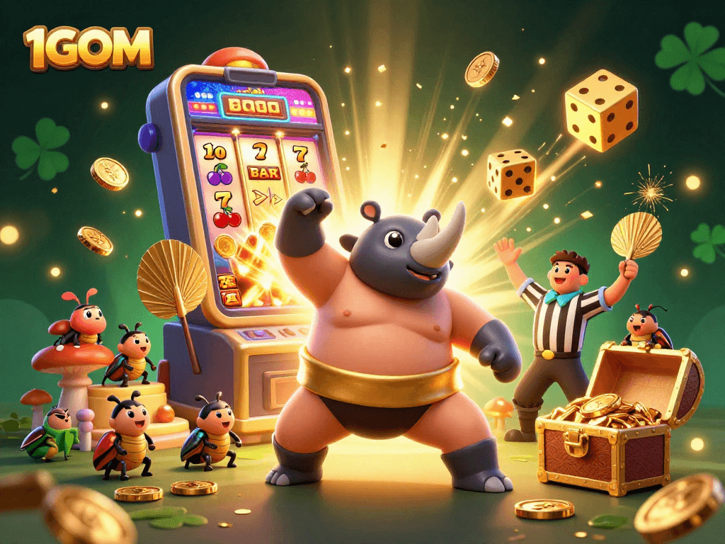 Experience 1GOM excitement with a dramatic beetle champion stomping coins in a lively gambling scene.