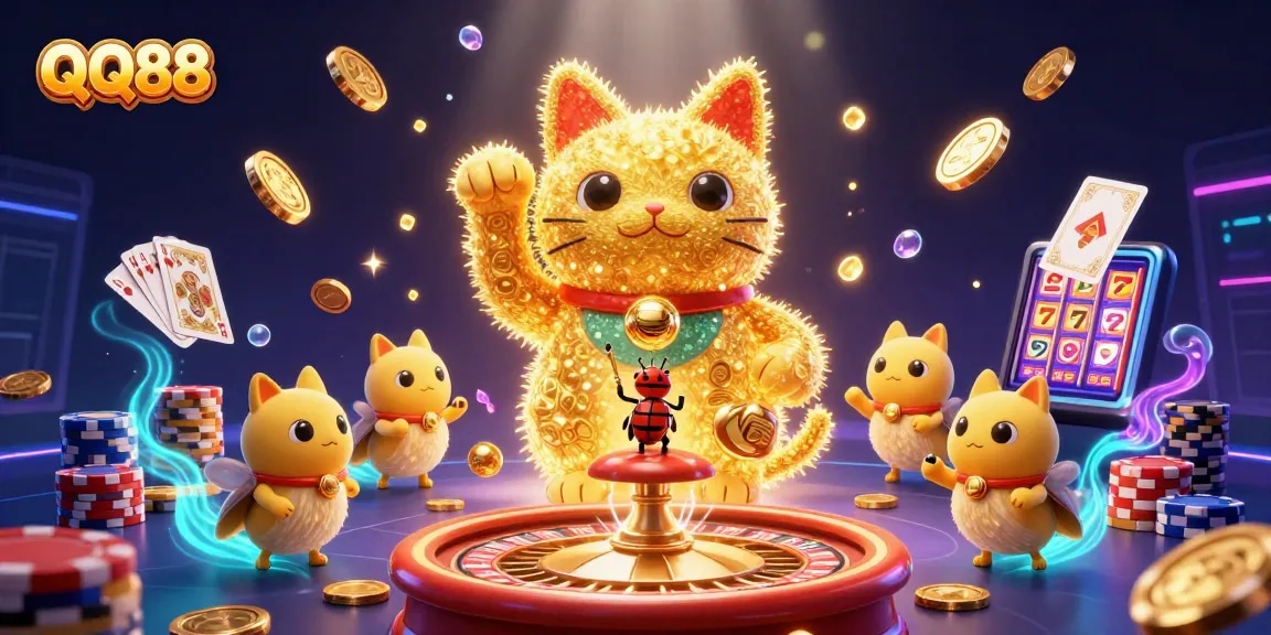 Experience the enchanting QQ88 casino world come alive with a lucky cat and vibrant gaming elements.