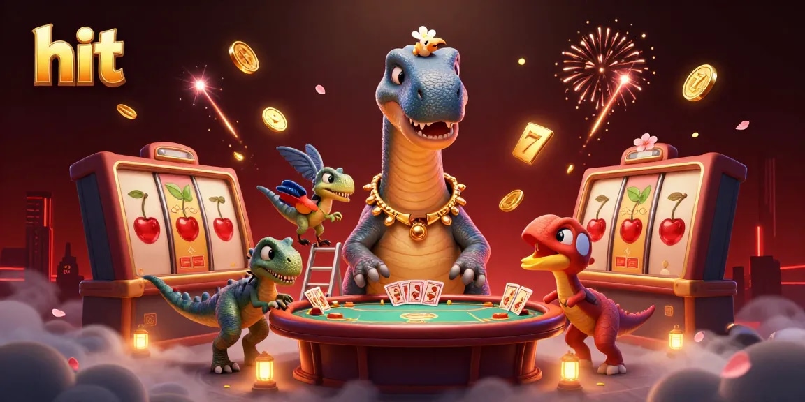Hit the jackpot with dynamic 3D casino scene featuring a brontosaurus and a clever raptor.