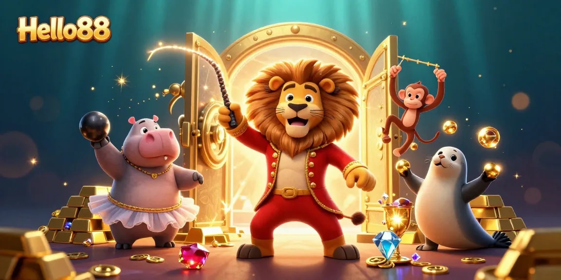 Experience the excitement of Hello88 with a vibrant 3D casino scene featuring lively characters and treasure.