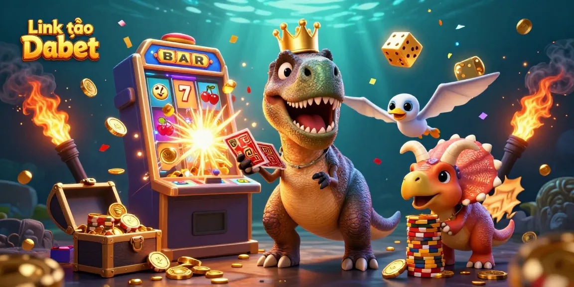 Spin and win at Link vào Dabet with a fun T-Rex dealer and vibrant casino elements!