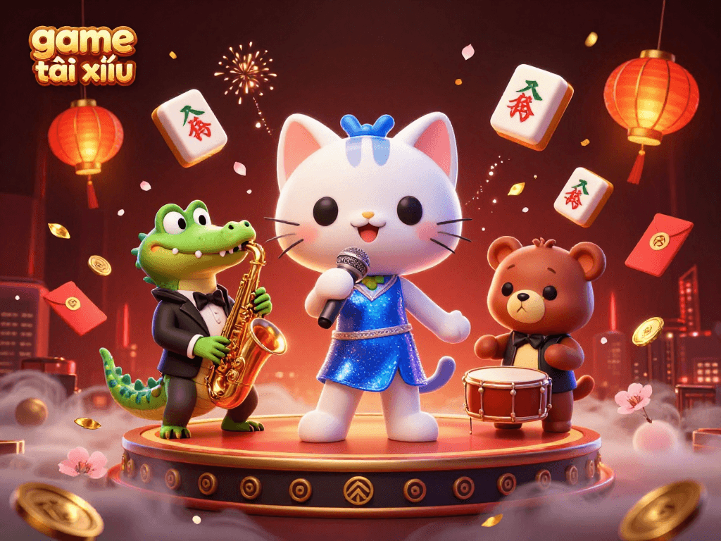 Engage in thrilling game tài xỉu with vibrant casino characters and festive elements swirling around.