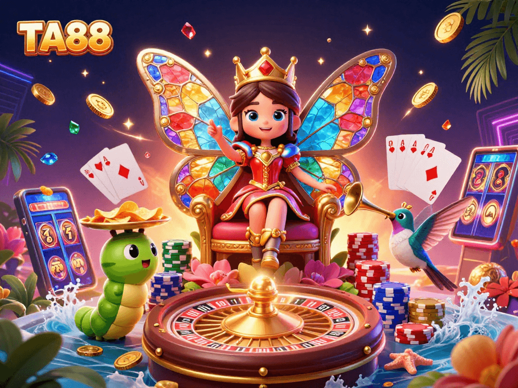 TA88 captures the vibrant aura of casino excitement with a butterfly queen and gaming elements.