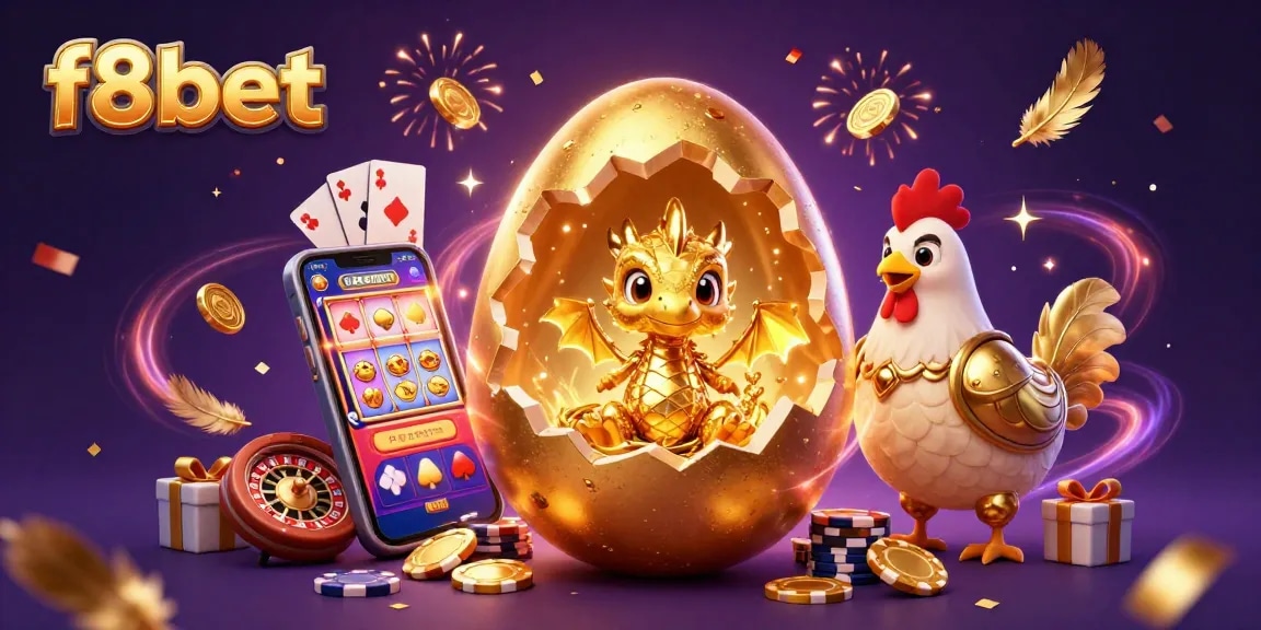 Experience the thrill of f8bet with a golden dragon and sparkling casino elements in this vibrant illustration.