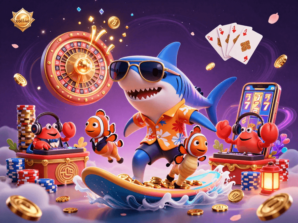 Experience xoilac with a dynamic scene of a shark surfing on gold coins amidst thrilling casino elements and vibrant energy.
