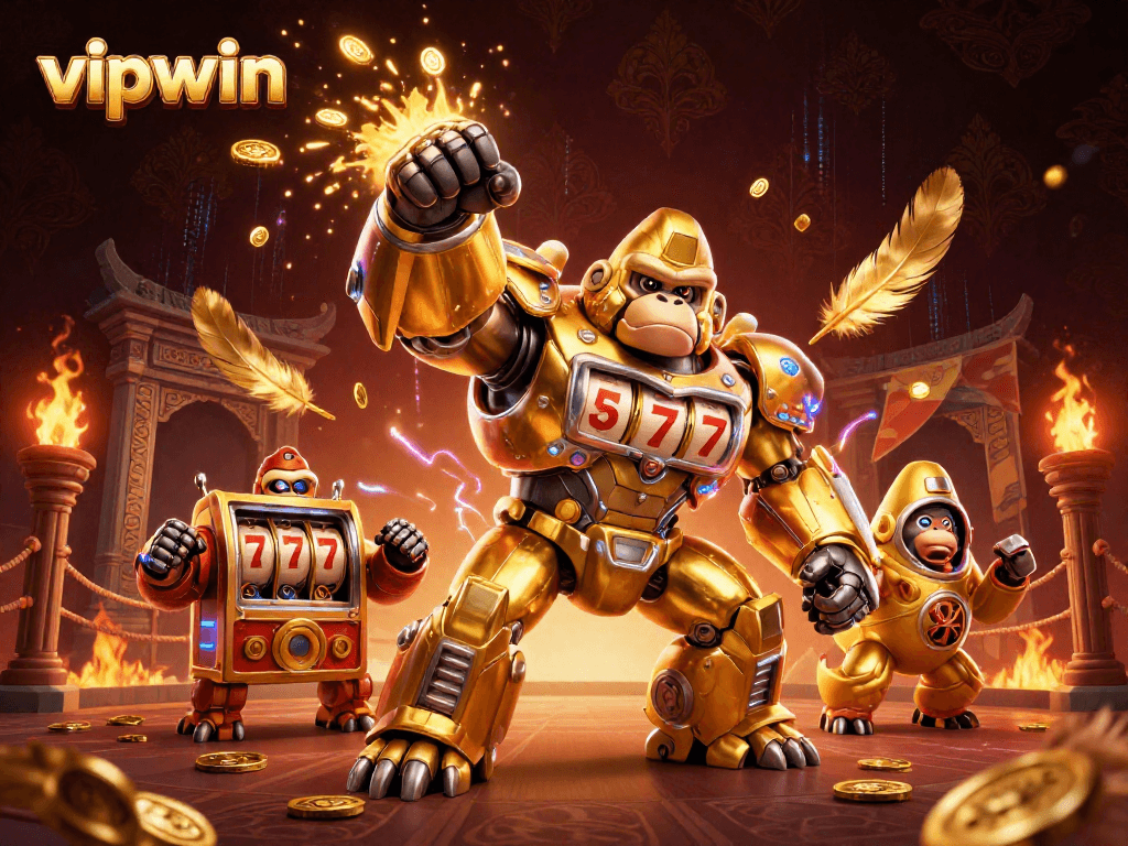 Engage in thrilling gameplay at vipwin with dynamic golden gorilla mech and vibrant casino elements.