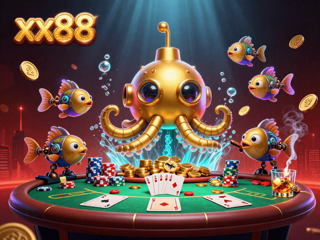 Engage in an exhilarating xx88 poker experience with a golden kraken submarine amidst vibrant game elements.