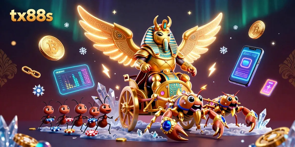Engage in the tx88s adventure with a golden scarab beetle and scorpions amidst vibrant casino-themed elements.