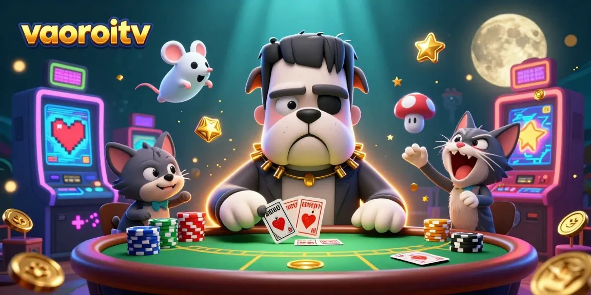 Join the action with vaoroitv as the animated Frankenstein bulldog deals cards at a gripping casino scene.