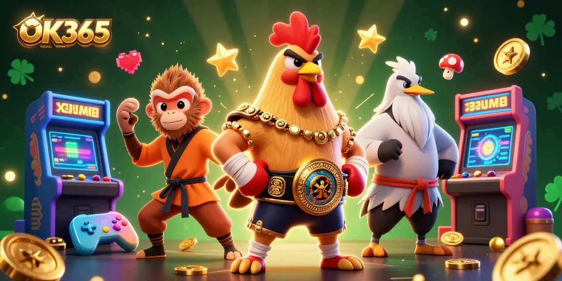 Experience the excitement of OK365 with a vibrant 3D scene featuring a Muay Thai rooster and casino elements.