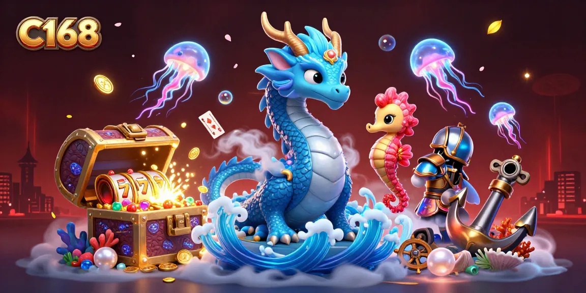 C168's immersive casino scene featuring a dragon and knight amidst vibrant slot game elements and treasures