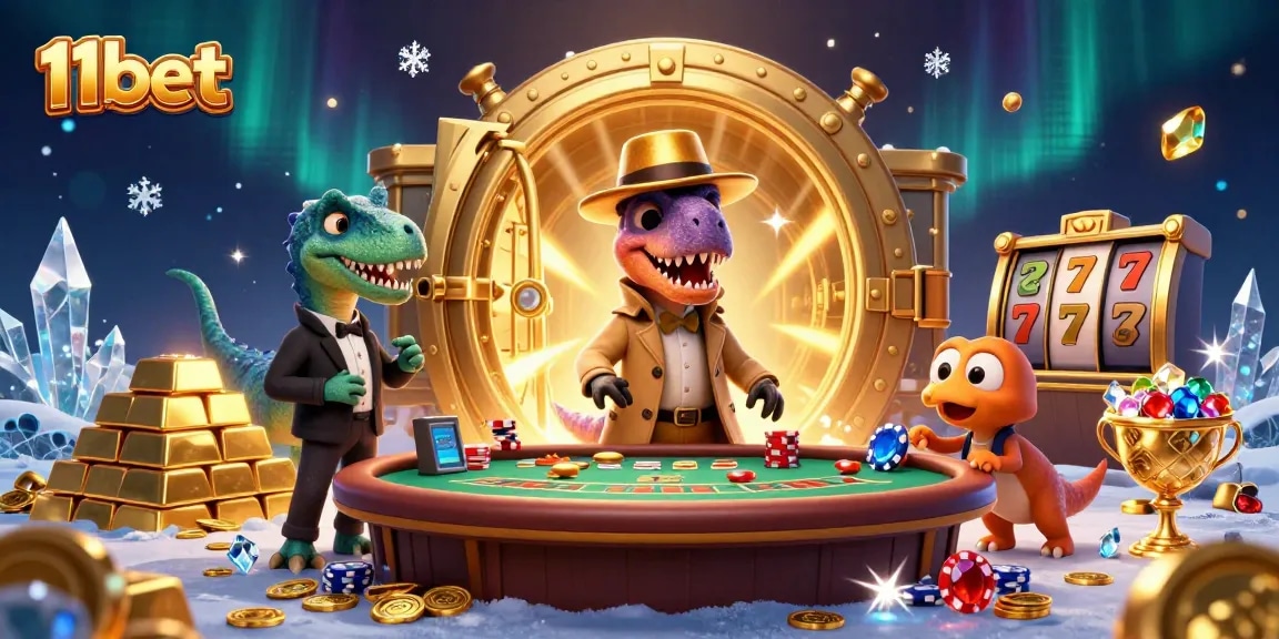 Experience the thrill of winning at 11bet with our vibrant casino scene, featuring slot reels and dynamic characters.