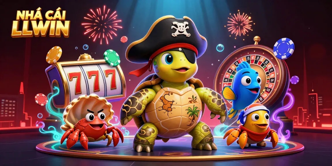 NHÀ CÁI LLWIN showcases an exciting 3D casino scene with vibrant colors, featuring a pirate turtle and dynamic gambling elements.