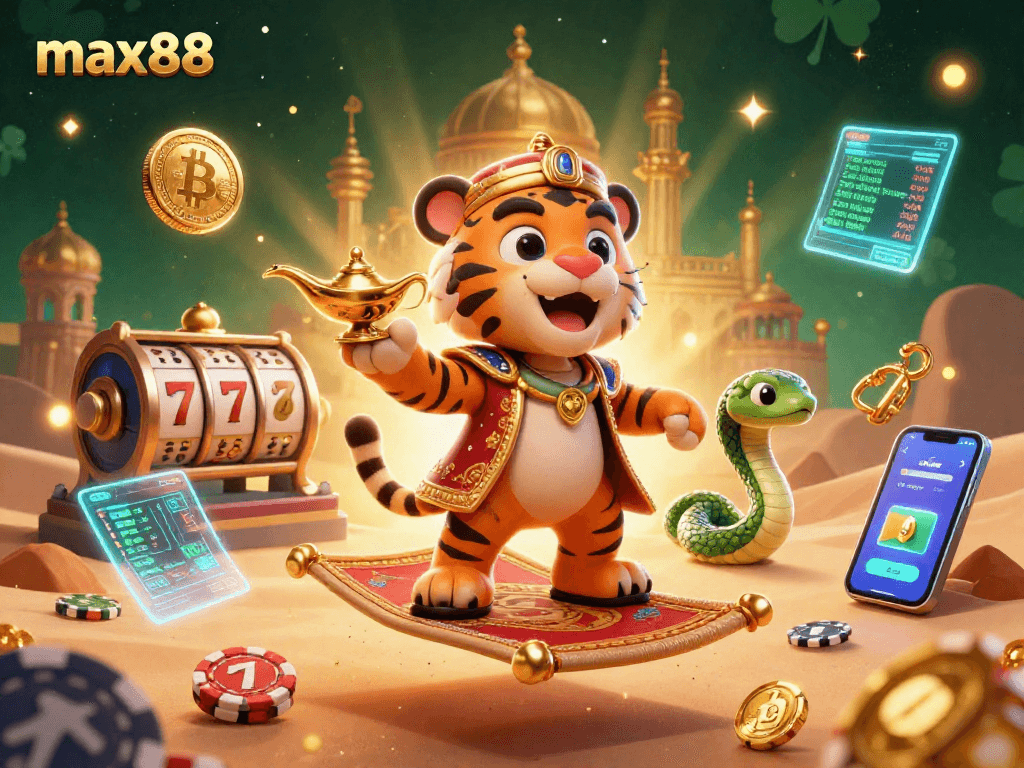 Spin to win at max88 with a vibrant 3D casino scene featuring slot reels and crypto elements.