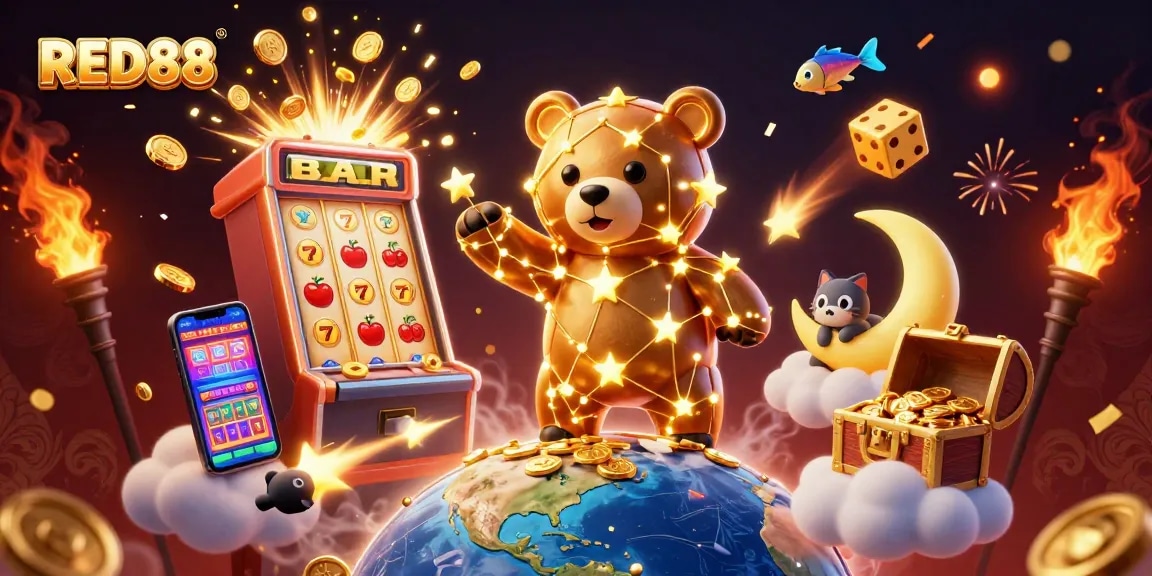 Experience the excitement of RED88 with a dazzling 3D slot machine bursting with winning symbols and golden coins.