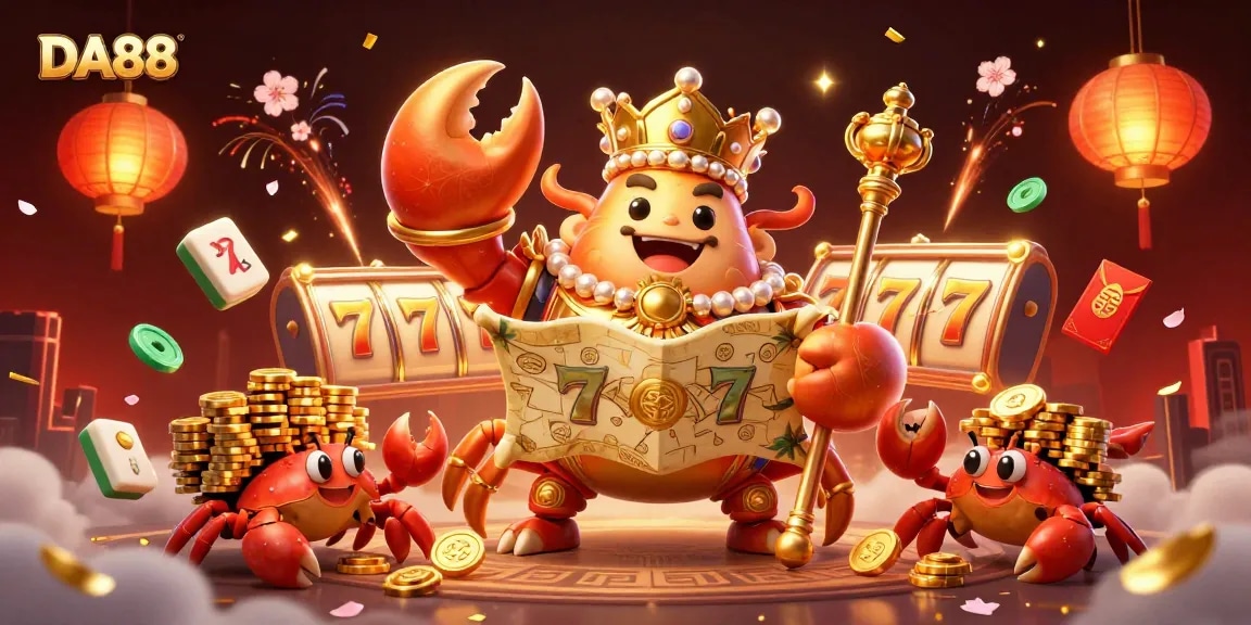DA88 showcases a vibrant 3D casino scene with a golden crab emperor and rich slot gaming elements.