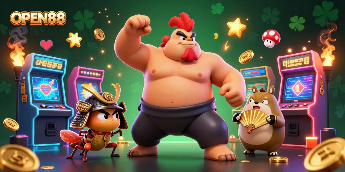 Engage with OPEN88 as a festive 3D cartoon sumo wrestler rooster and a fierce samurai cricket highlight casino excitement.