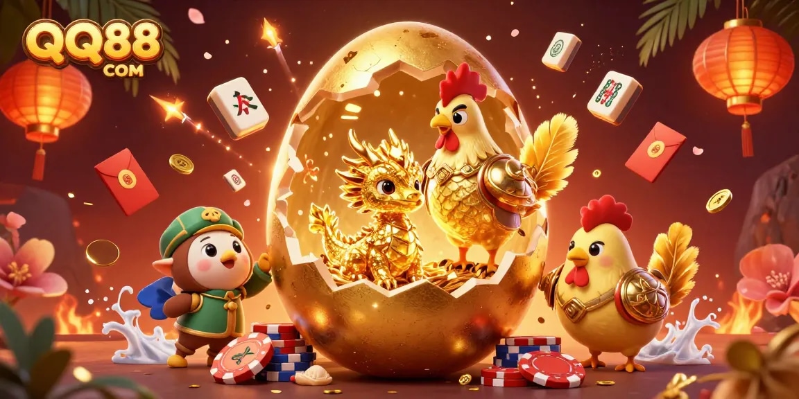 Experience thrilling moments with QQ88 COM's animated gold dragon guarding a poker chip nest.