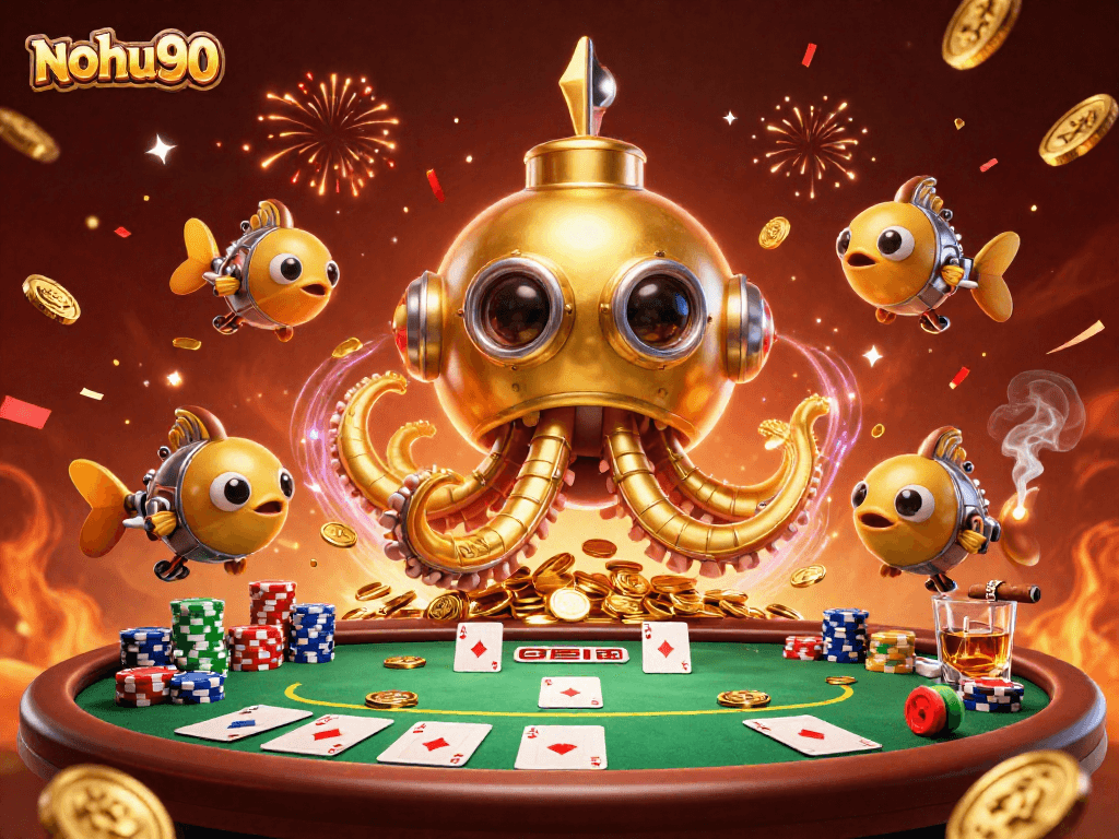 Experience the thrill with nohu90 as the golden kraken submarine and mechanical fish swim through a sea of coins.
