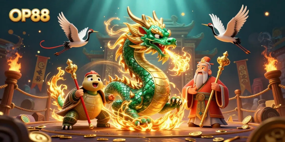 Experience OP88 with a vibrant illustration featuring a dragon and a turtle sage among casino elements.