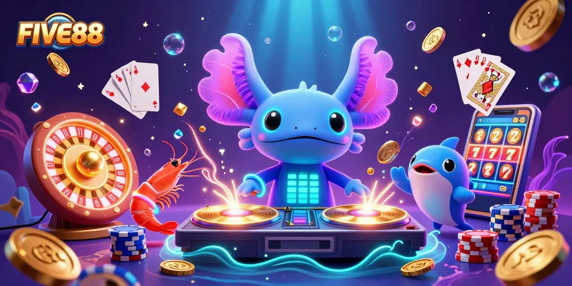 Experience the excitement of FIVE88 with dynamic casino visuals and vibrant 3D characters.