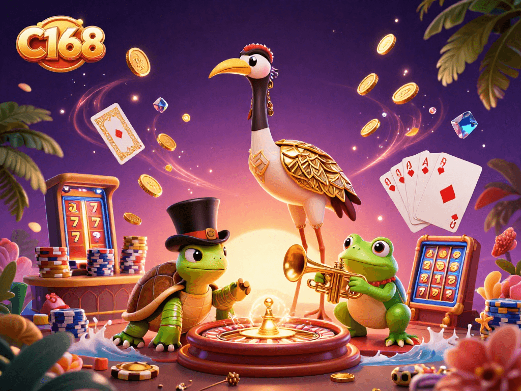 C168 captivates casino players with a vibrant, dynamic scene showcasing a colorful 3D illustration of iconic gambling characters and elements.