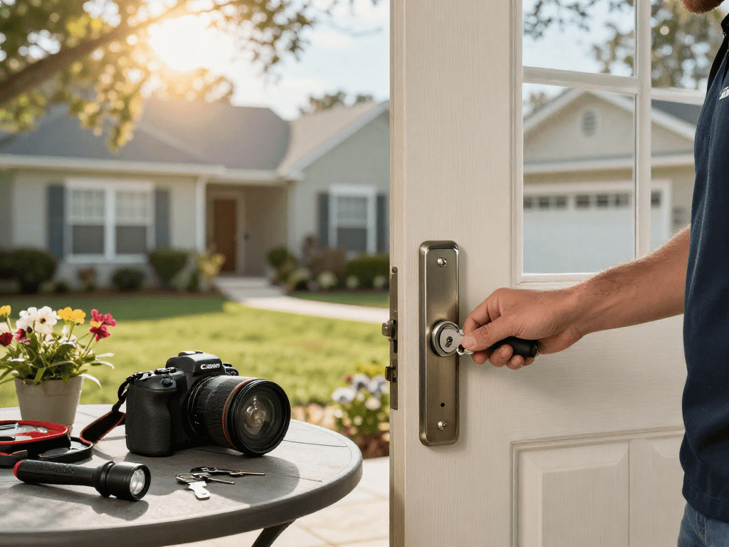Rekey locks Port St. Lucie with a professional locksmith demonstrating the rekeying process at a home.