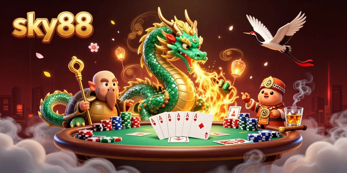 Experience exciting gameplay with sky88's dragon, sage, and lucky cranes at a vibrant poker table.