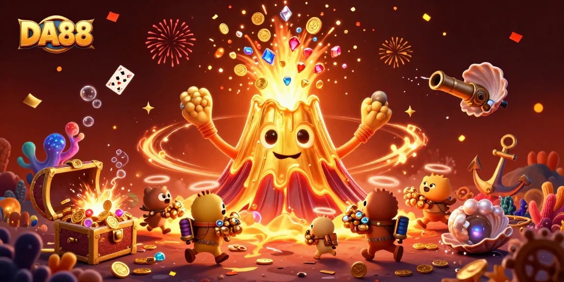 Experience excitement at DA88 with a golden volcano erupting treasures in a vibrant 3D casino scene.