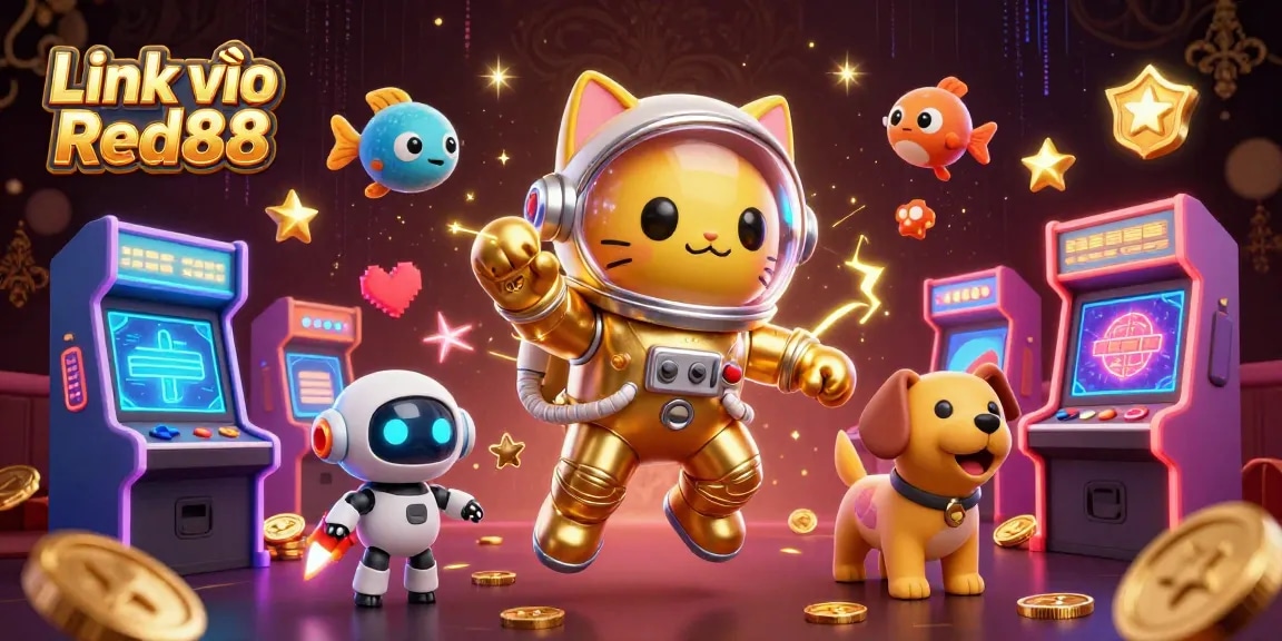 Experience thrilling action with Link vào Red88 as a space cat and robot dog navigate a vibrant casino atmosphere.