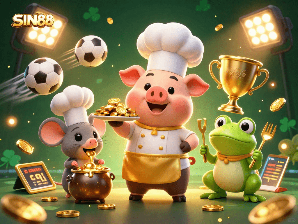SIN88 showcases a vibrant 3D casino scene with gold coins and dynamic sports elements.