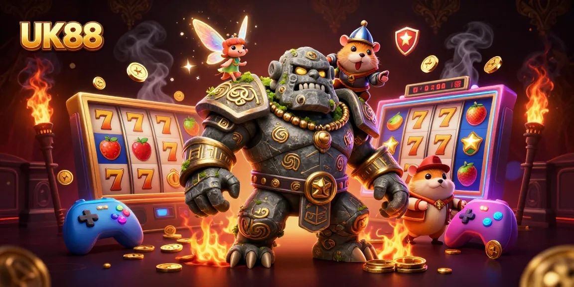 Engage in thrilling slots at UK88, featuring a magical golem, fairy, and hamster knight.